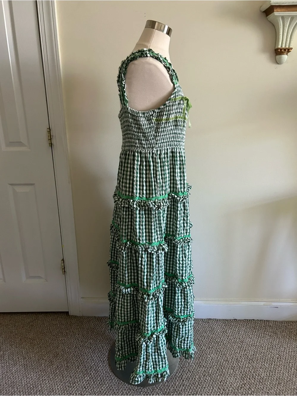 Anthropologie Neon Rose Gingham Ruffle Maxi Green Dress size L - Picture 4 of 10